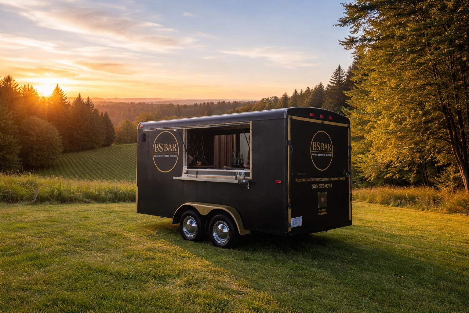 BS BAR mobile beverage trailer at golden sunset